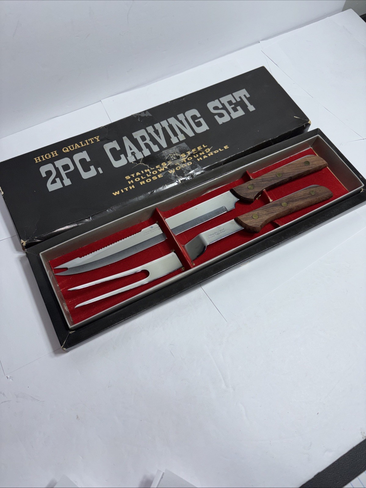 Vtg Hollow Ground Stainless Steel 2- Piece Carving Set Rosewood Handles Preowned