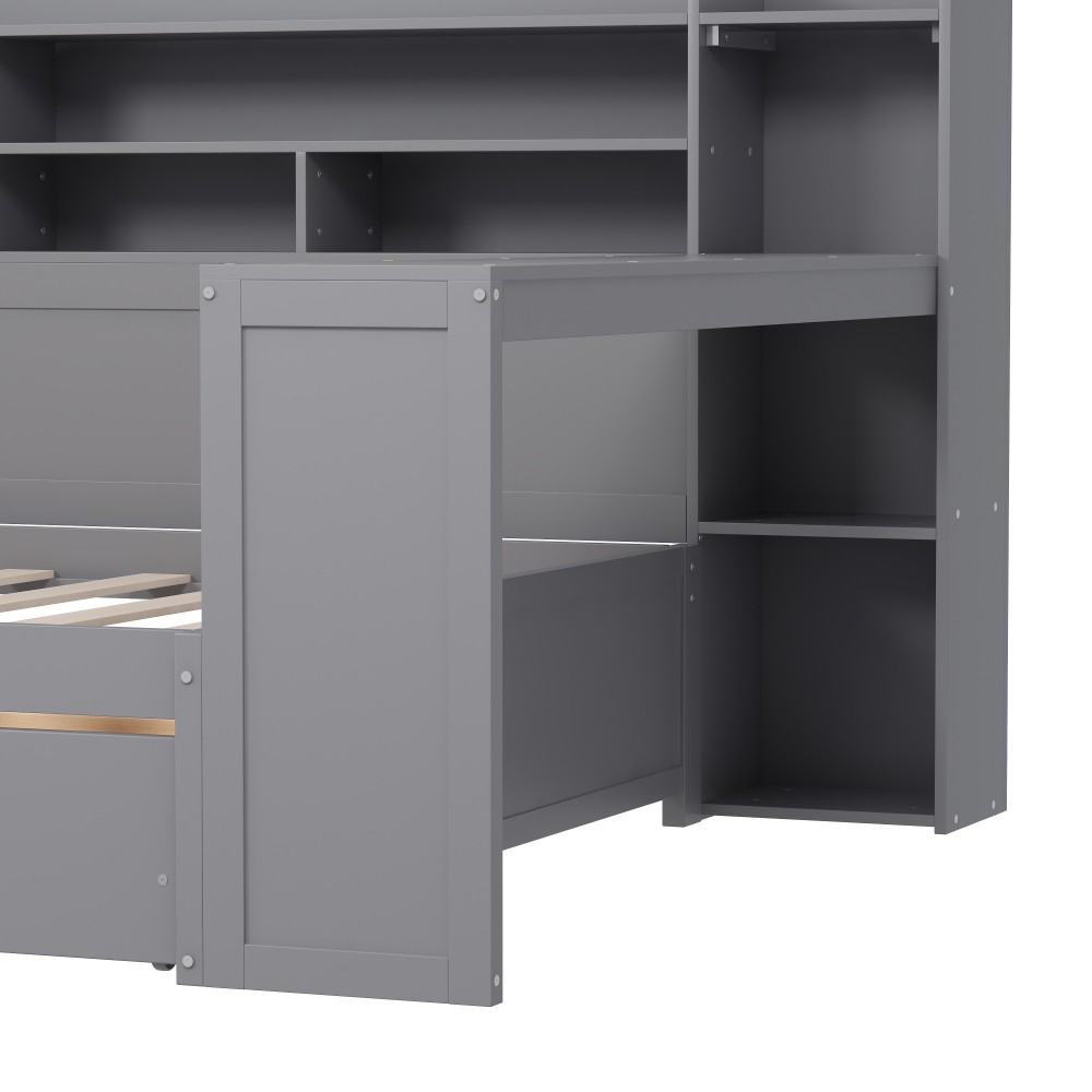 Twin Daybed w/ Storage & Desk, Wood Frame, Gray - Space Saving Design