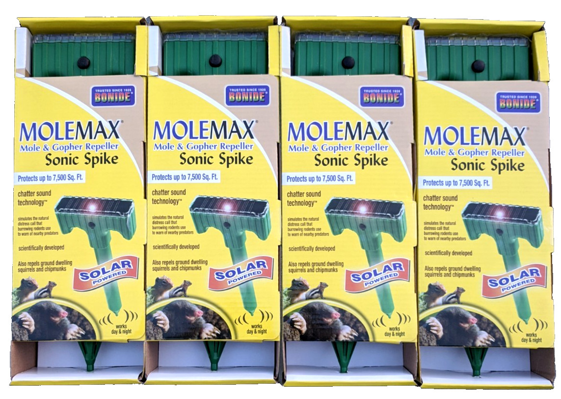 Lot Of 4 New Molemax Sonic Spike Solar Powered Mole and Gopher Repeller Bonide