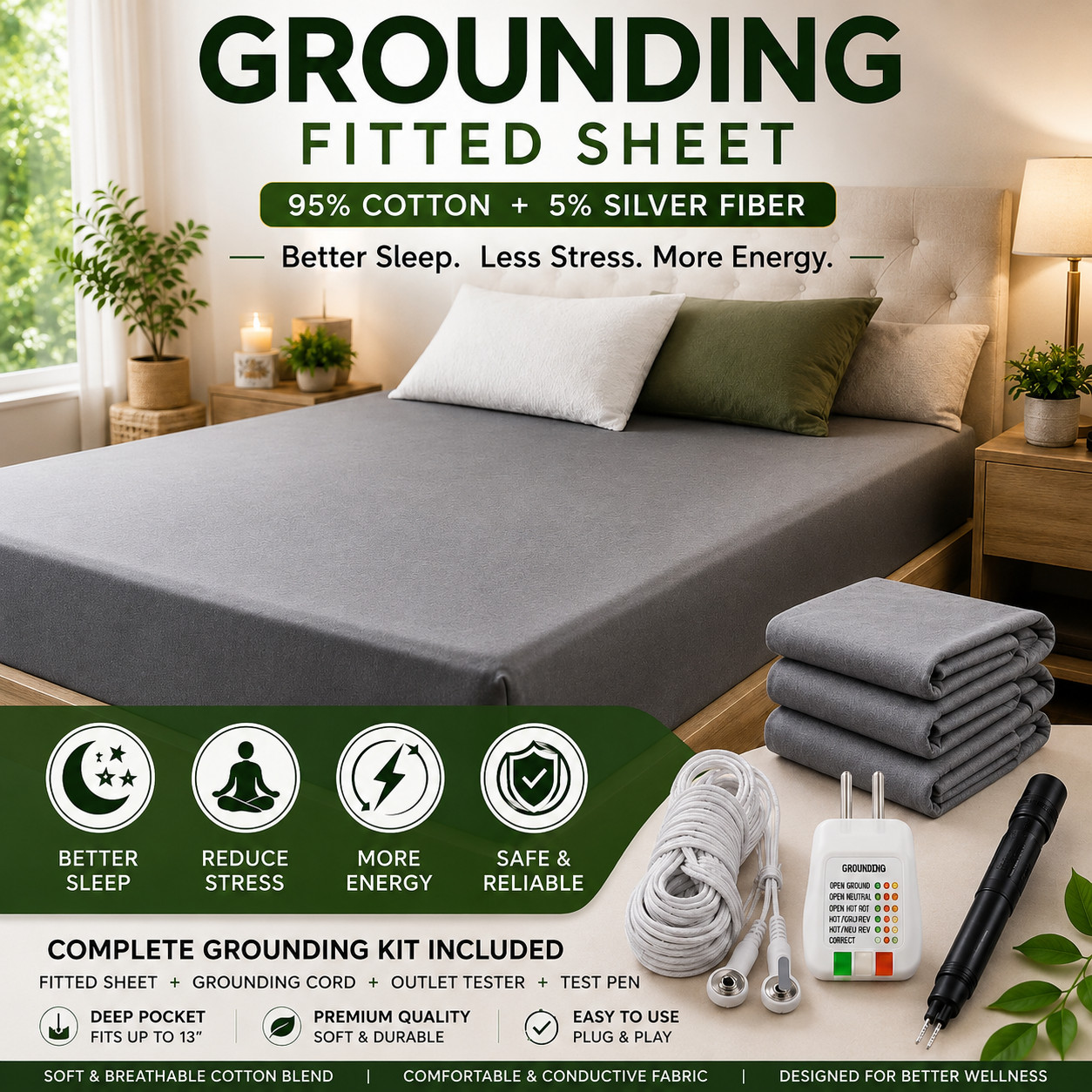 Grounding Fitted Sheet Queen King 95% Cotton Earthing Kit