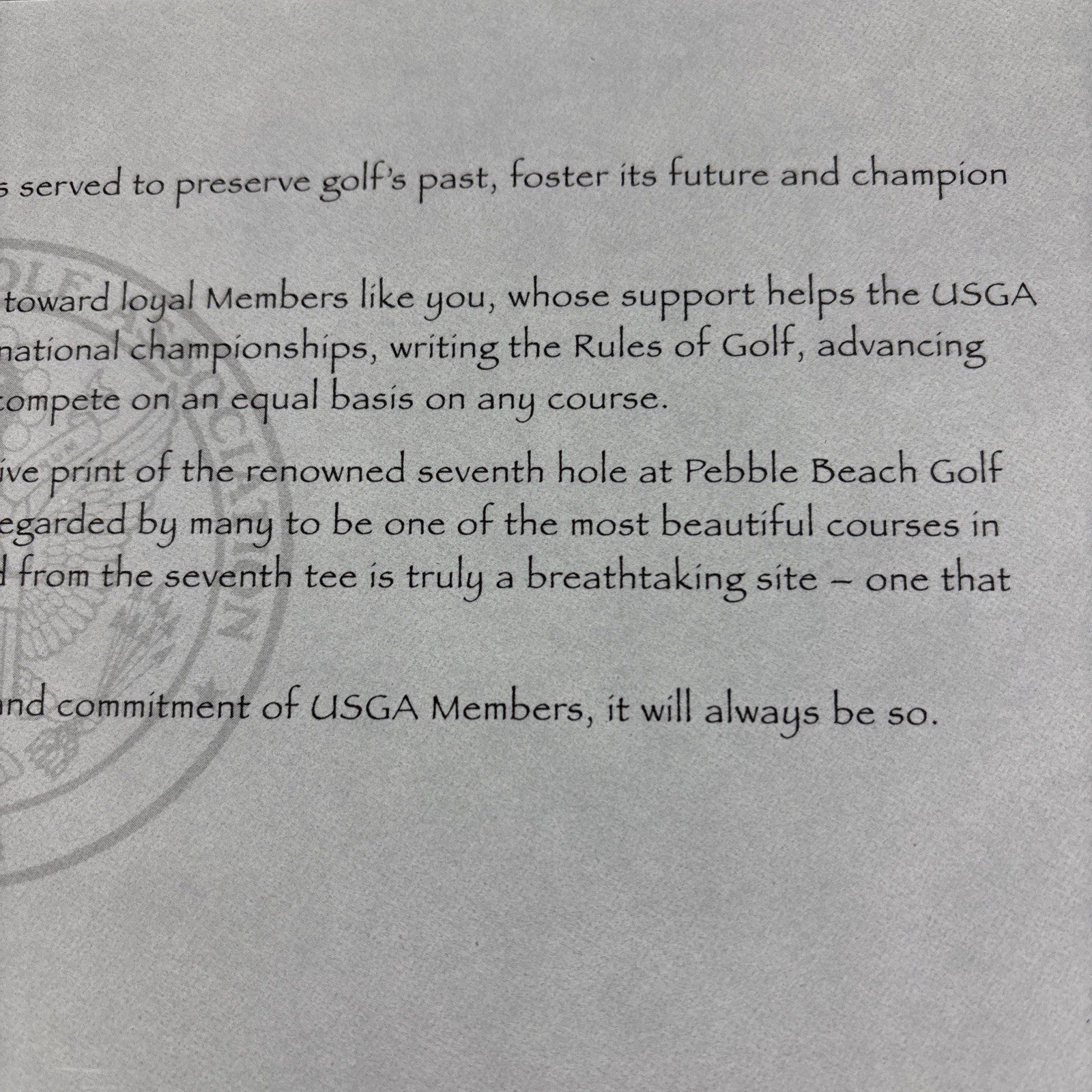 Letter & Print For USGA Members 7th Hole Pebble Beach 2010 US Open 10.5” x 5.5”