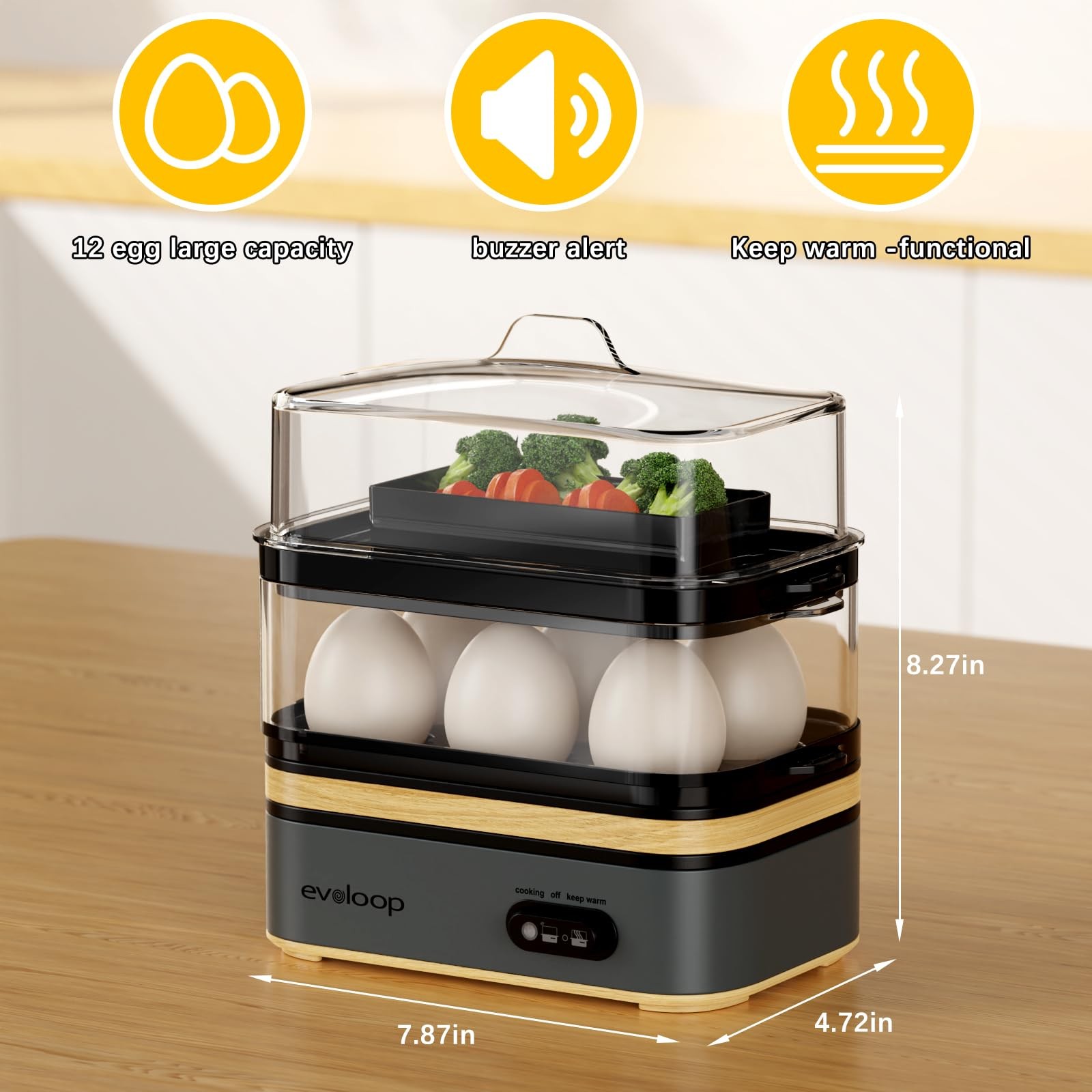 Evoloop Rapid Egg Cooker Electric 12 Eggs Capacity, Soft, Medium, 5*7*8, Grey