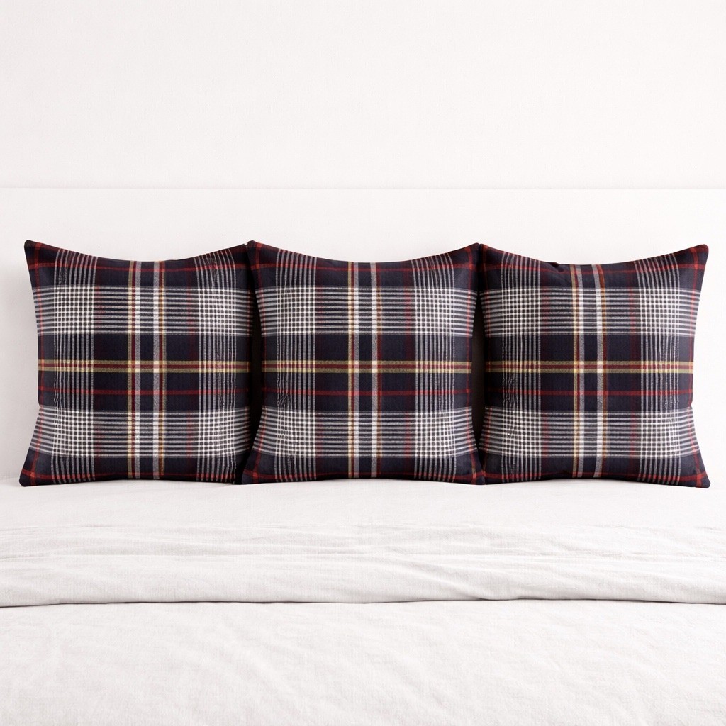 Pottery Barn Euro Sham Set of 3 Navy Red White Plaid 100% Cotton 26x26 Americana