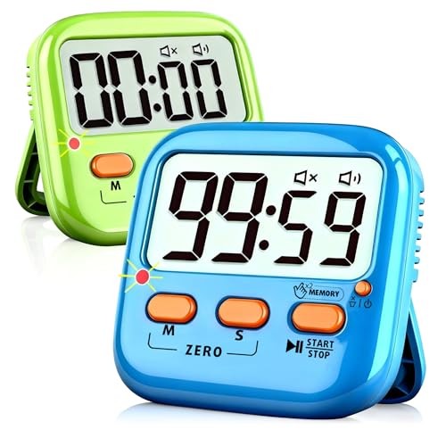 Digital Timer for Kids, Magnetic Kitchen Timers for 2 Pack Green + Blue