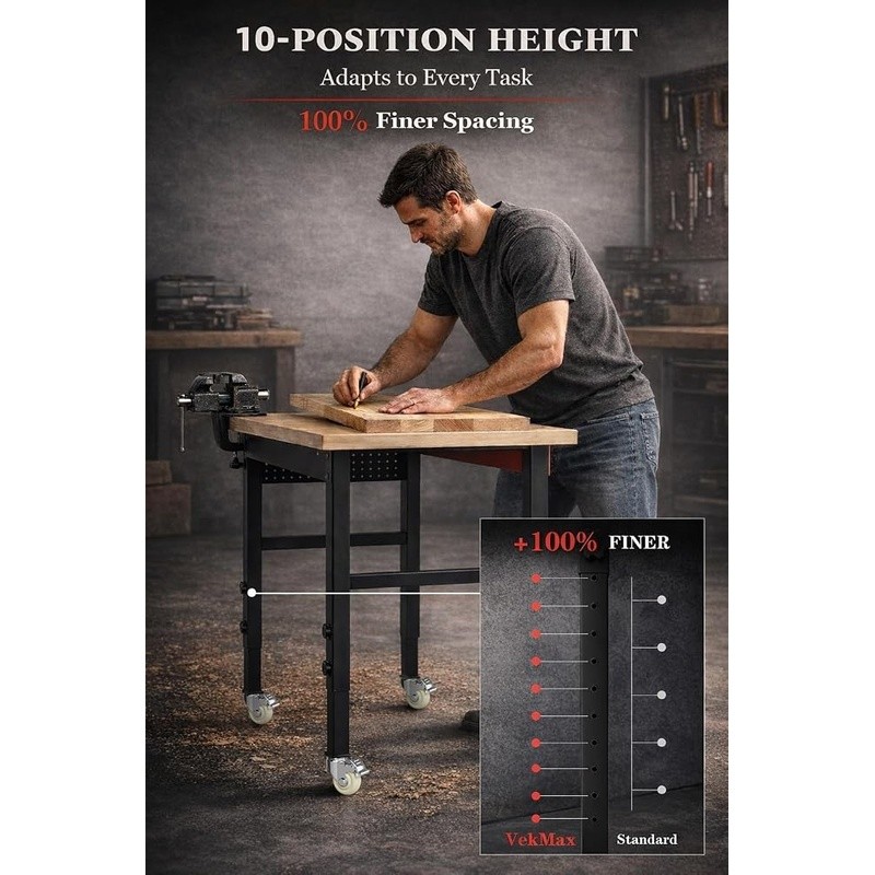 Heavy Duty Workbench Steel Frame Adjustable Height Oak Surface Garage Workshop