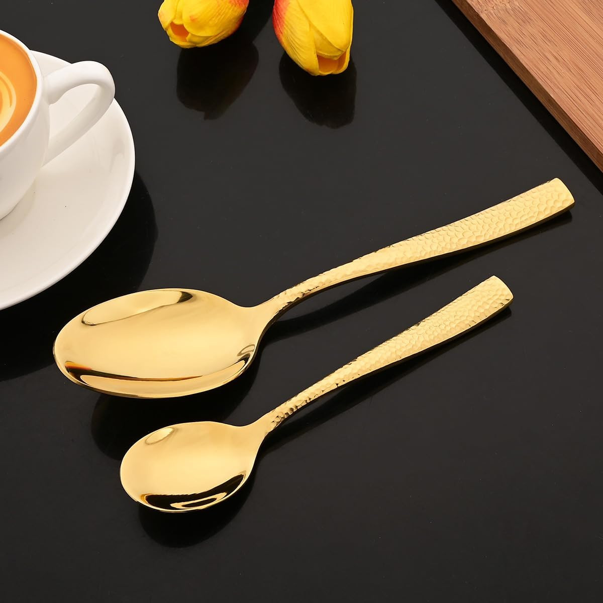5-Piece Gold Hammered Flatware Hostess Set Stainless Steel Serving Fork Slotted