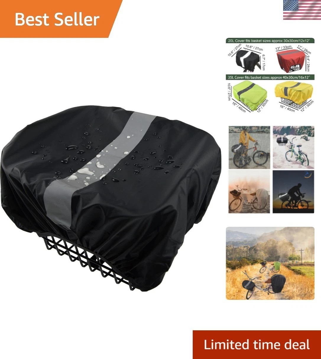 Lightweight 20L Waterproof Bike Rain Cover with Reflective Strip - Black