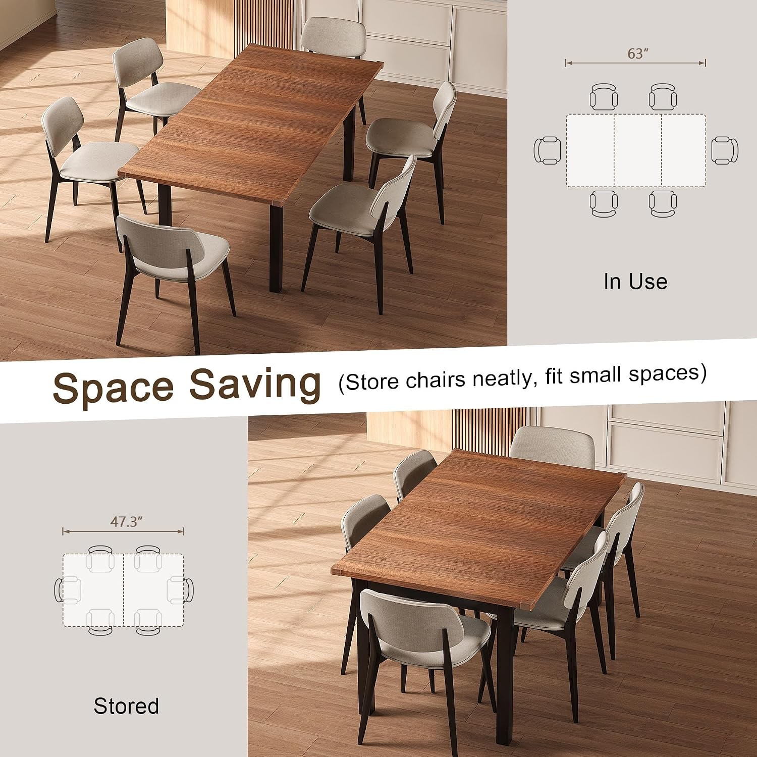 Extendable Dining Table for 4-6 63" Modern Kitchen Table Farmhouse Dining Room