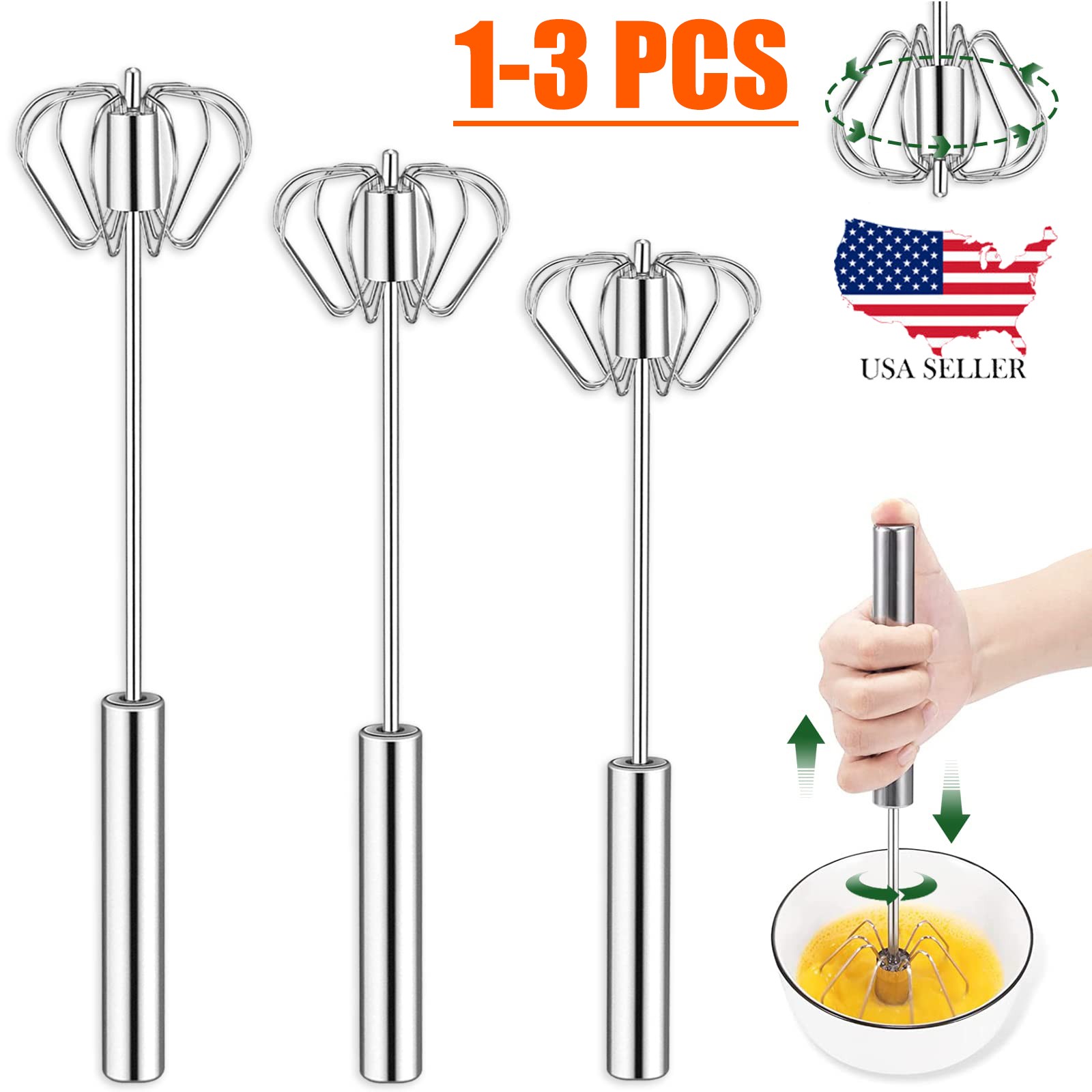 3x Egg Beater Hand Push Whisk Upgraded Semi-Automatic Stainless Steel Egg Beater