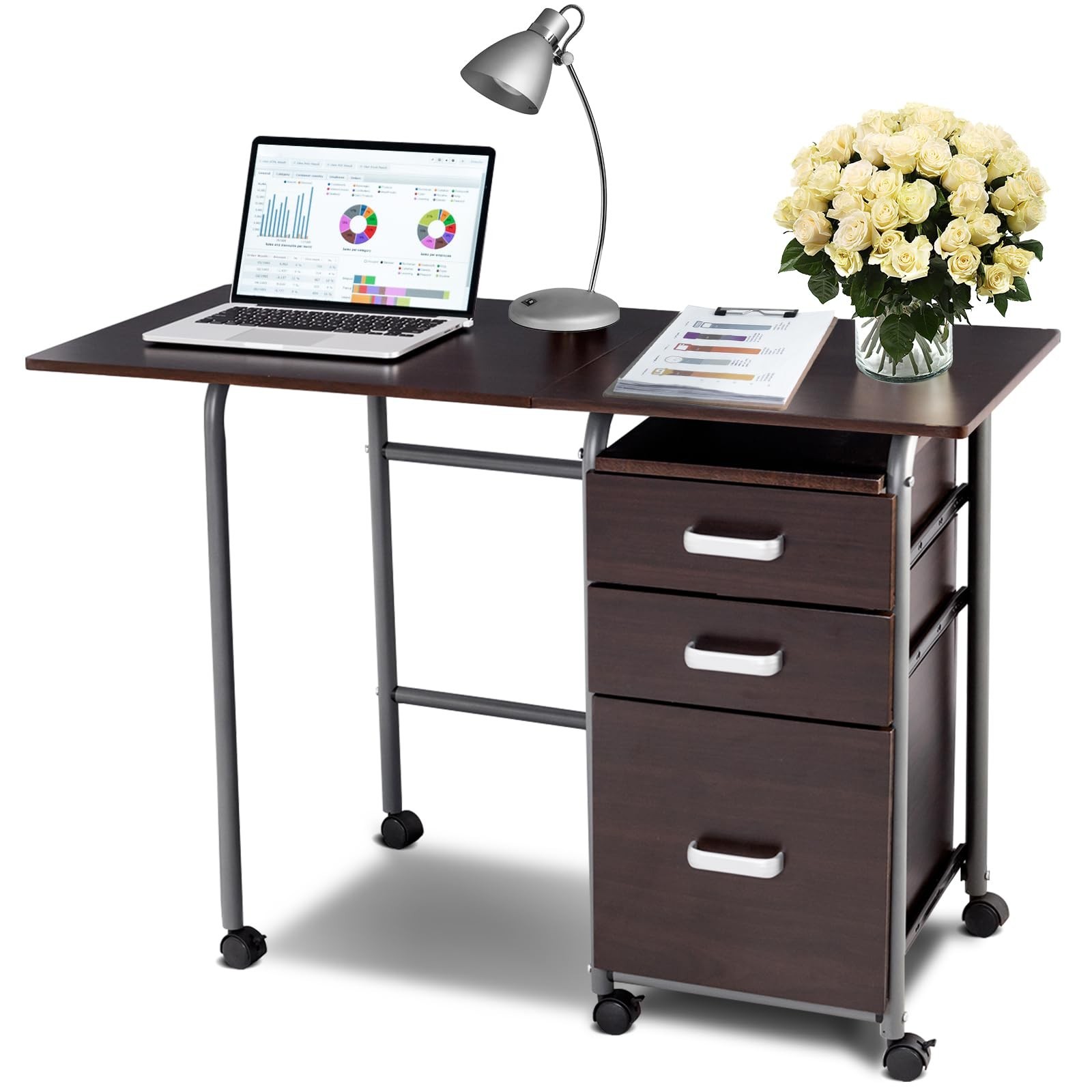Foldable Computer Laptop Desk w/ 3 Drawers, Wheeled Laptop Desk with Metal Fr...