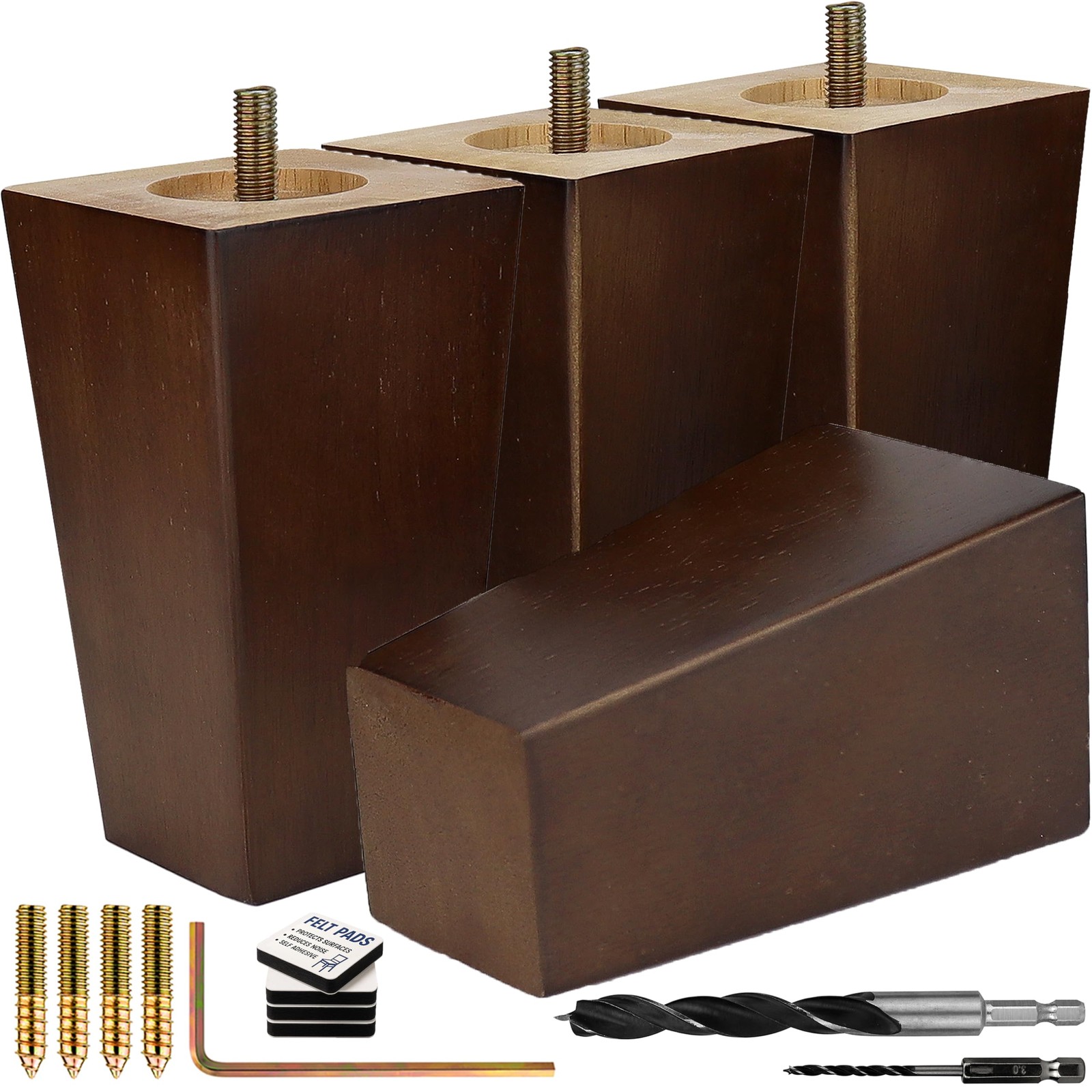 Premium Walnut Square Furniture Legs (Full Install Kit) - Pick Your Size and Col