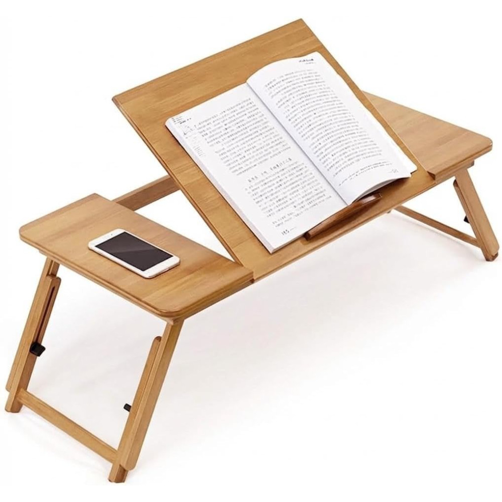 Bamboo Laptop Desk for Bed, Foldable Tilting Top & Side Shelf, Adjustable Height