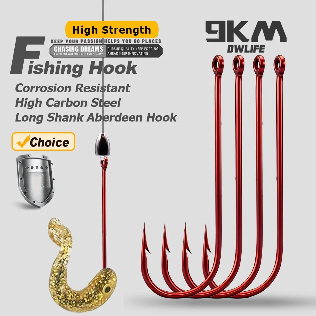 50-200pcs Red 2X Long Shank Light Wire Fishing Hook Aberdeen Hook for Sunfish
