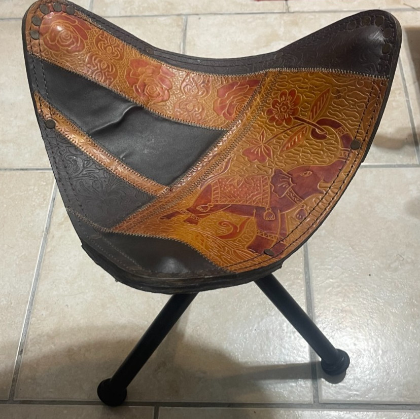 vintage 1990's Pier 1 Imports leather patchwork tripod stool