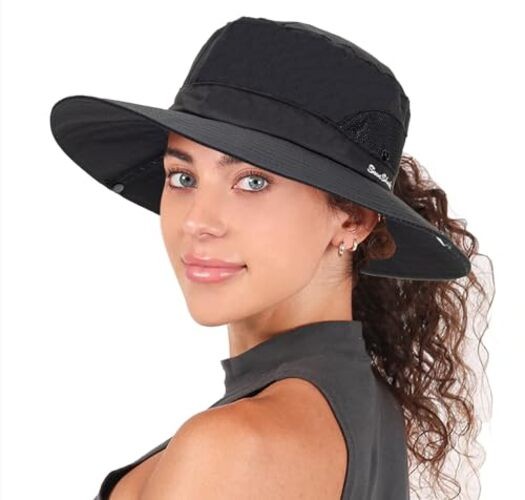 Womens Summer Sun Hat Beach Hat Wide Brim Outdoor UV Medium Solid Black