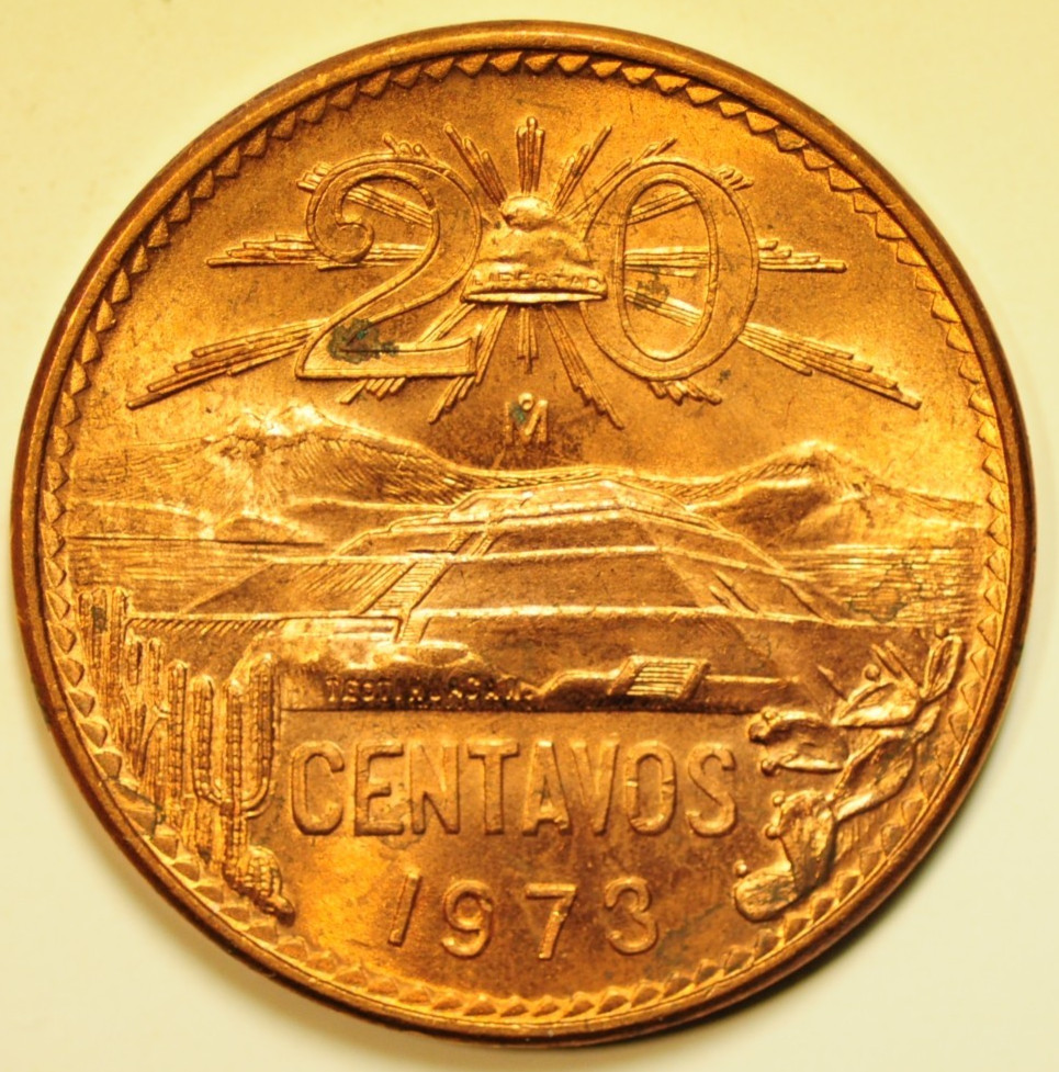 mw28901 Mexico Bronze 20 Centavos 1973 Pyramid of the Sun at Teotihuacan Red UNC