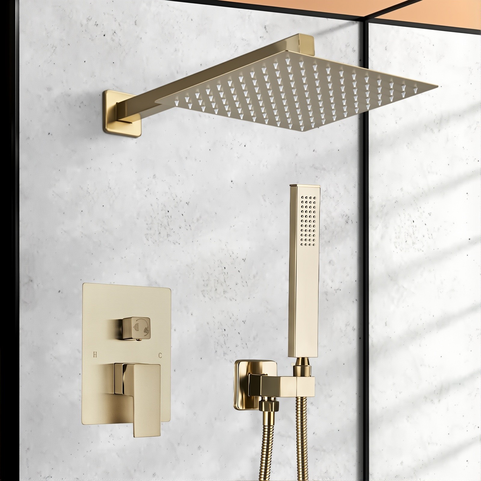 Brushed Gold Shower Faucet Set System 12'' Rain Shower Head Combo w/Mixer Valve