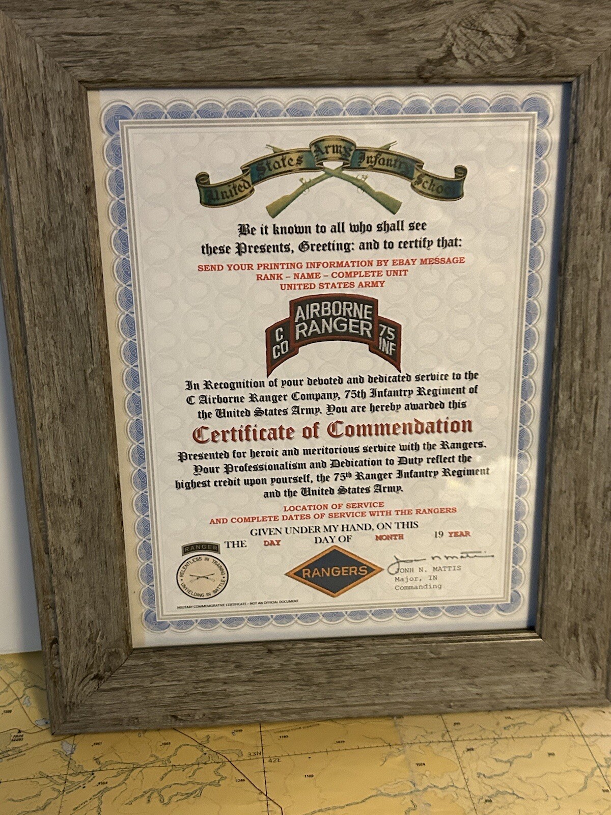 U.S. ARMY RANGER - C CO / 75 INFANTRY COMMENDATION CERTIFICATE (COMMEMORATIVE)