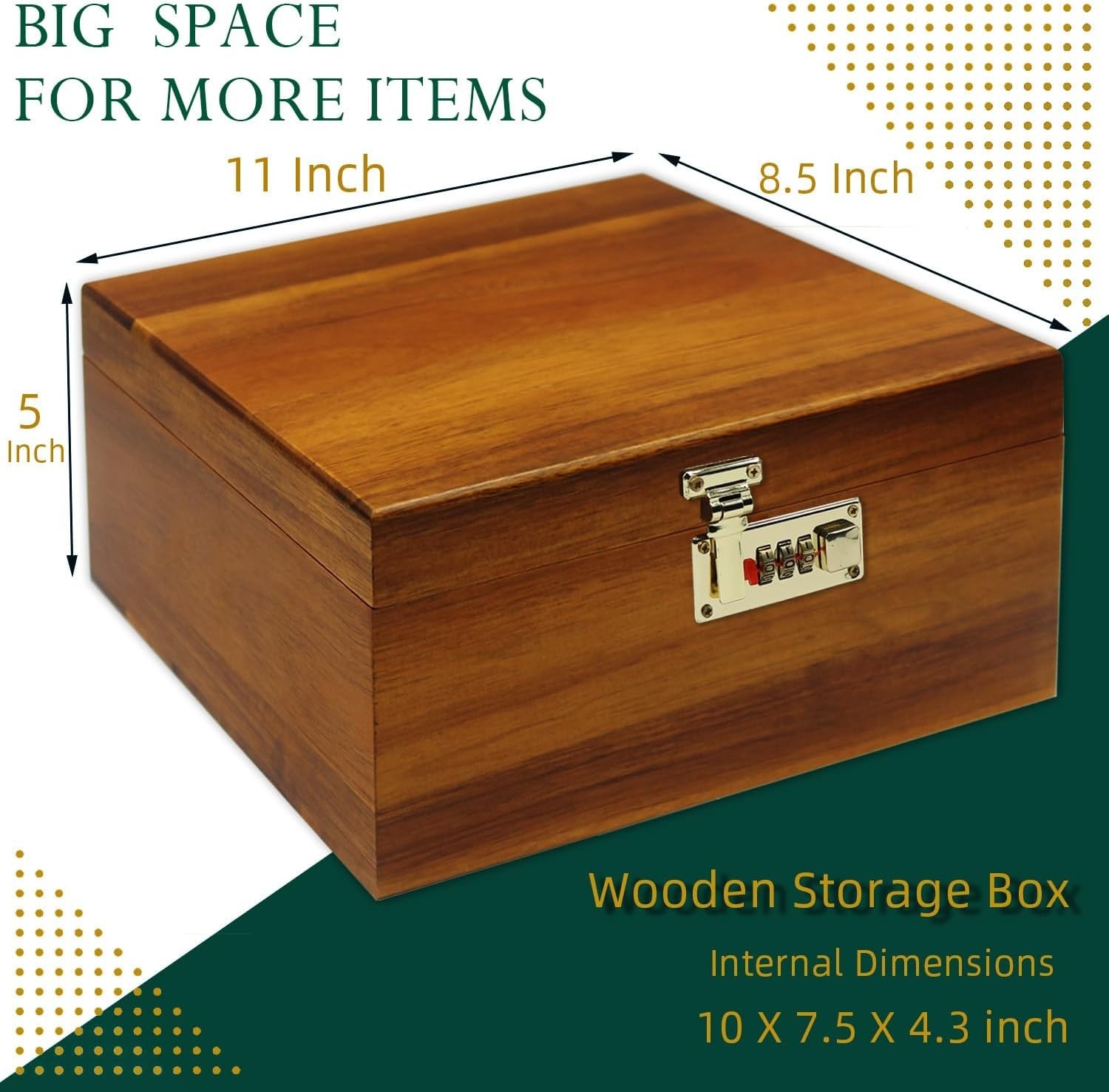 Large Wooden Storage Box with Hinged Lid & Combination Lock Keepsake Chest