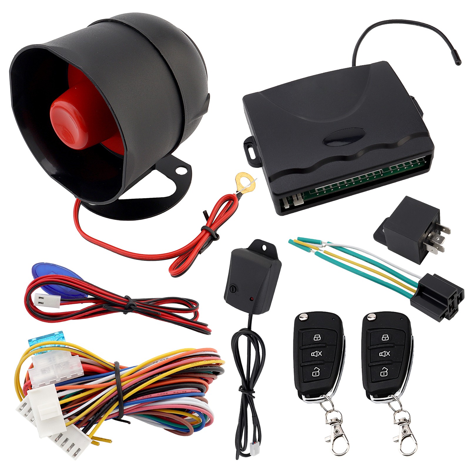 Universal 12V Car Alarm System with Engine Cut-Off, Shock Sensor, with 2 Remotes