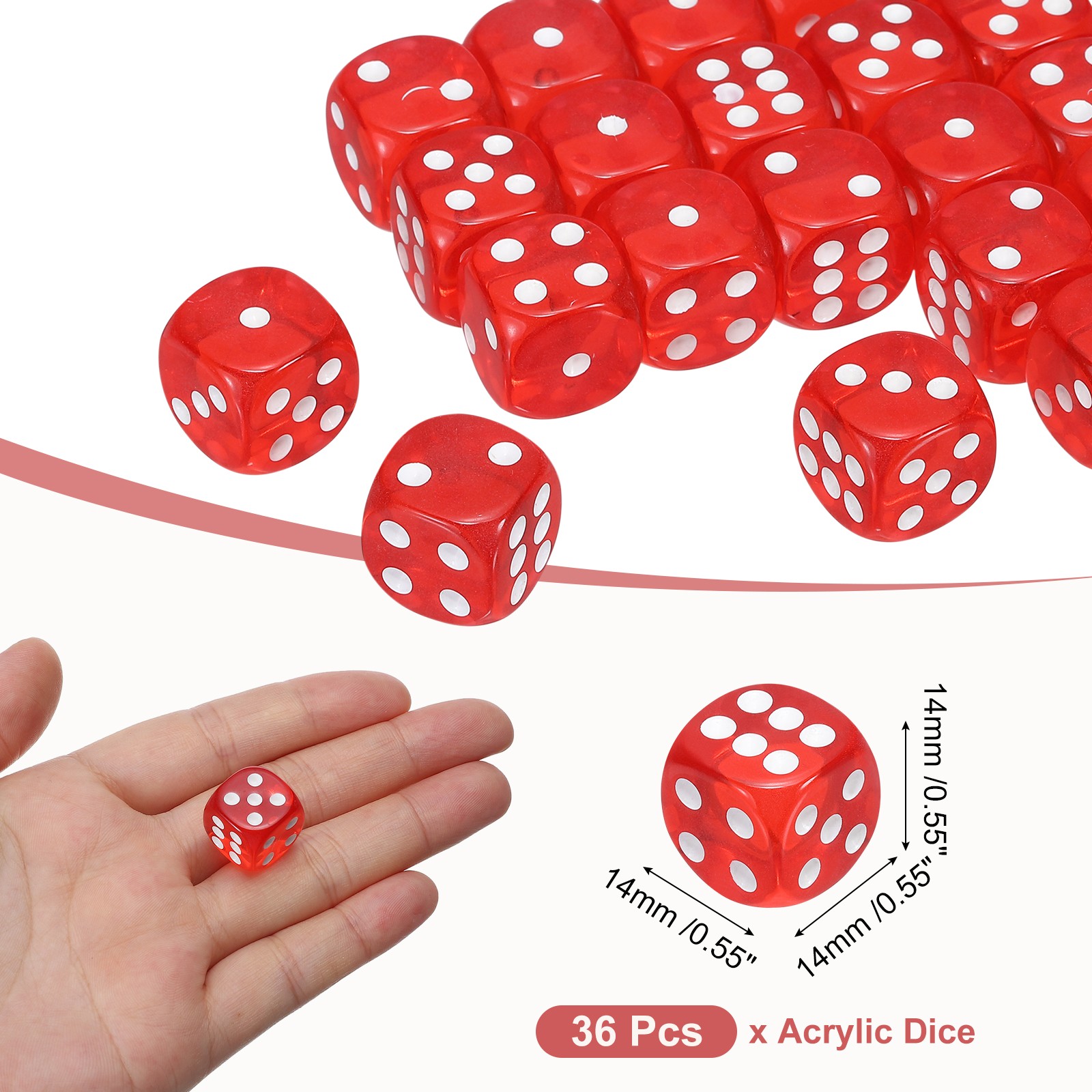 36Pcs 6 Sided Acrylic Dice 14mm/0.55" Rounded Corner Translucent Dice Red