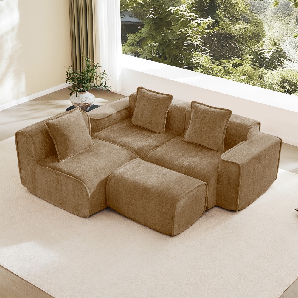 Modular 3-Seat L-Shape Sectional Sofa w/ Ottoman & Pillows, Velvet Brown