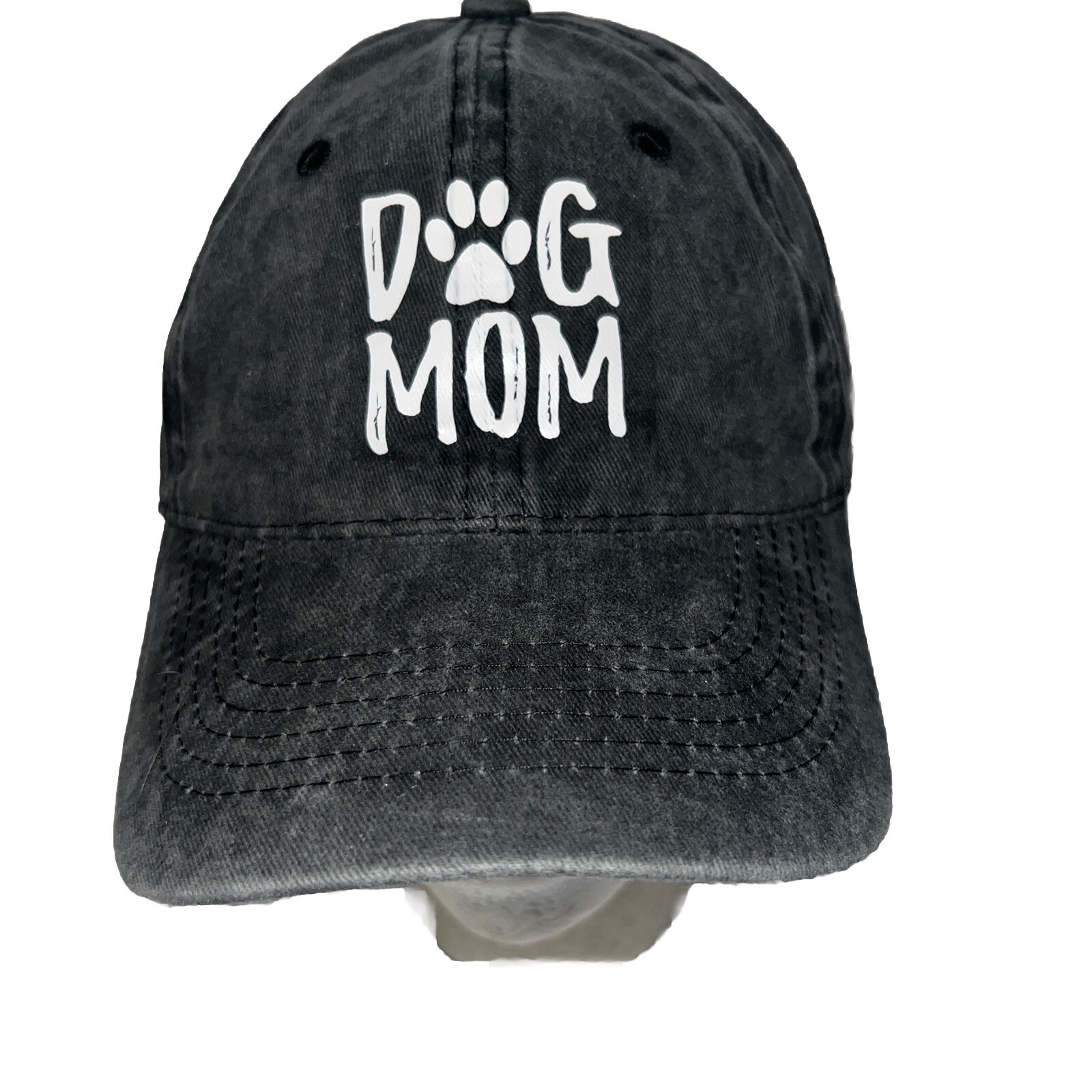 DOG Mom White Stamp on Gray Hat Cap Strap Buckle EUC