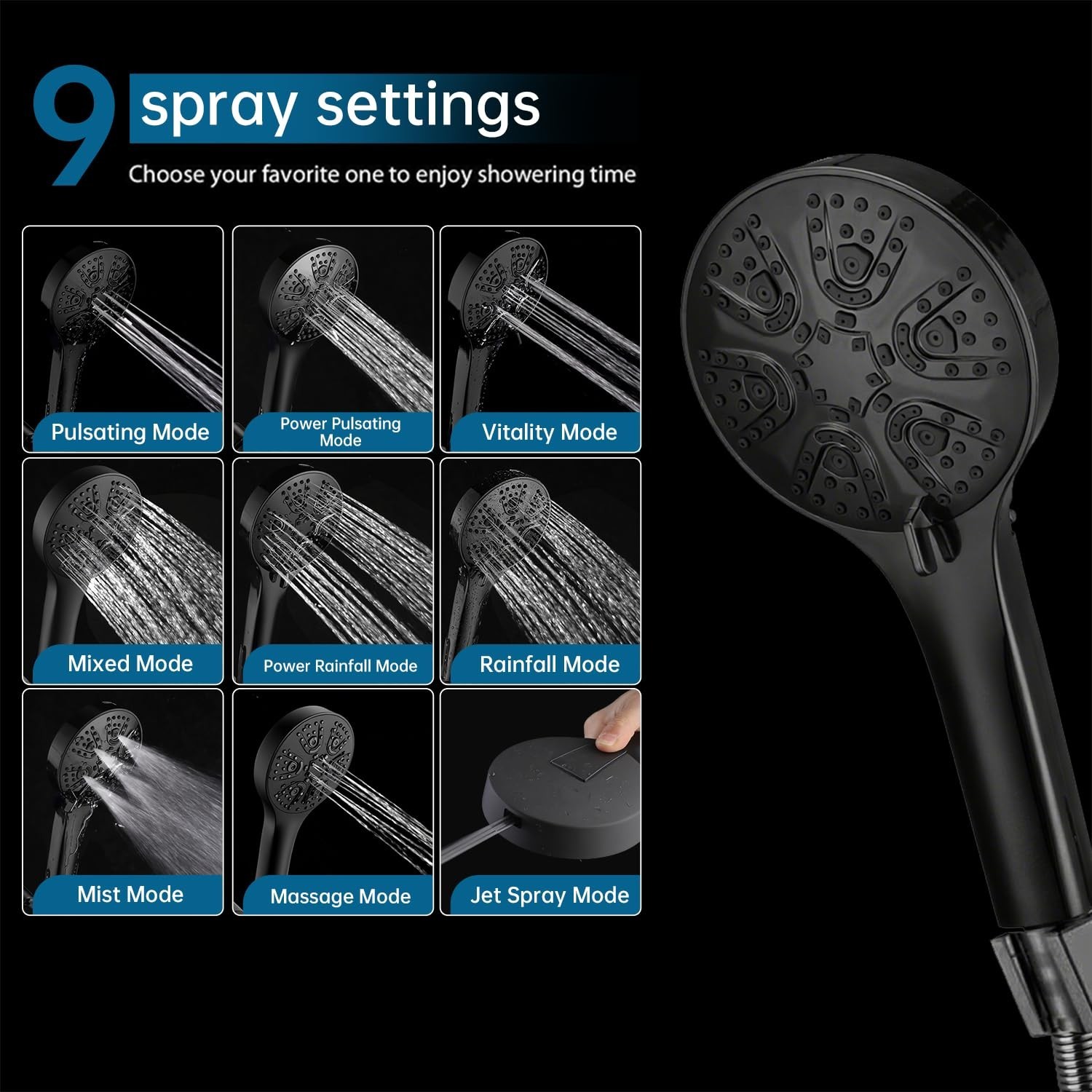 Botare Black Shower Head Handheld Spray Combo 59" Hose 9 Spray Modes