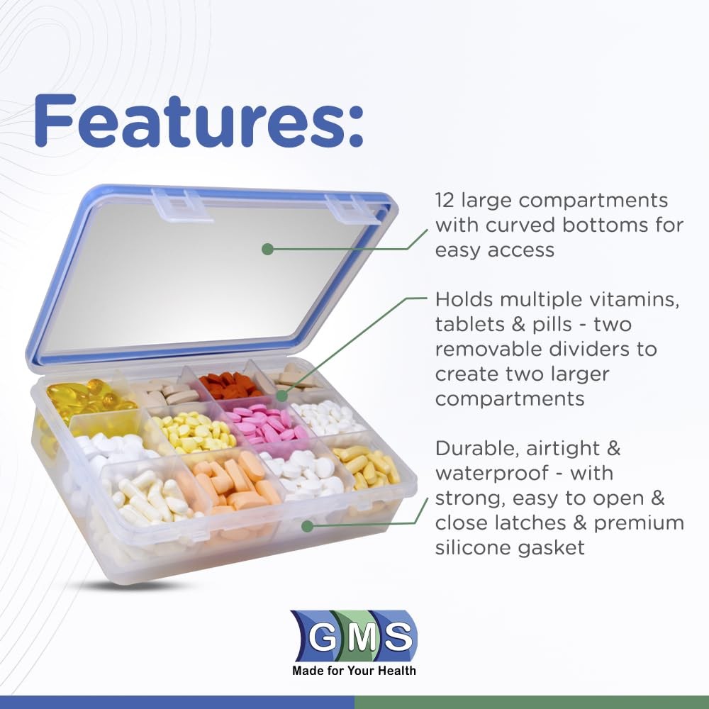 12 Compartment Vitamin Pill Organizer - Large Size Suitable for Multiple Supp...