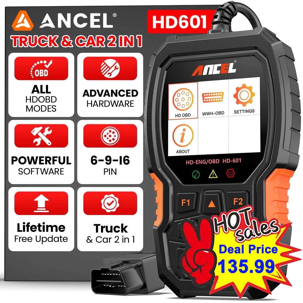 ANCEL Heavy Duty Truck Scanner HD601 All System Diesel Diagnostic Scan Tool OBD2