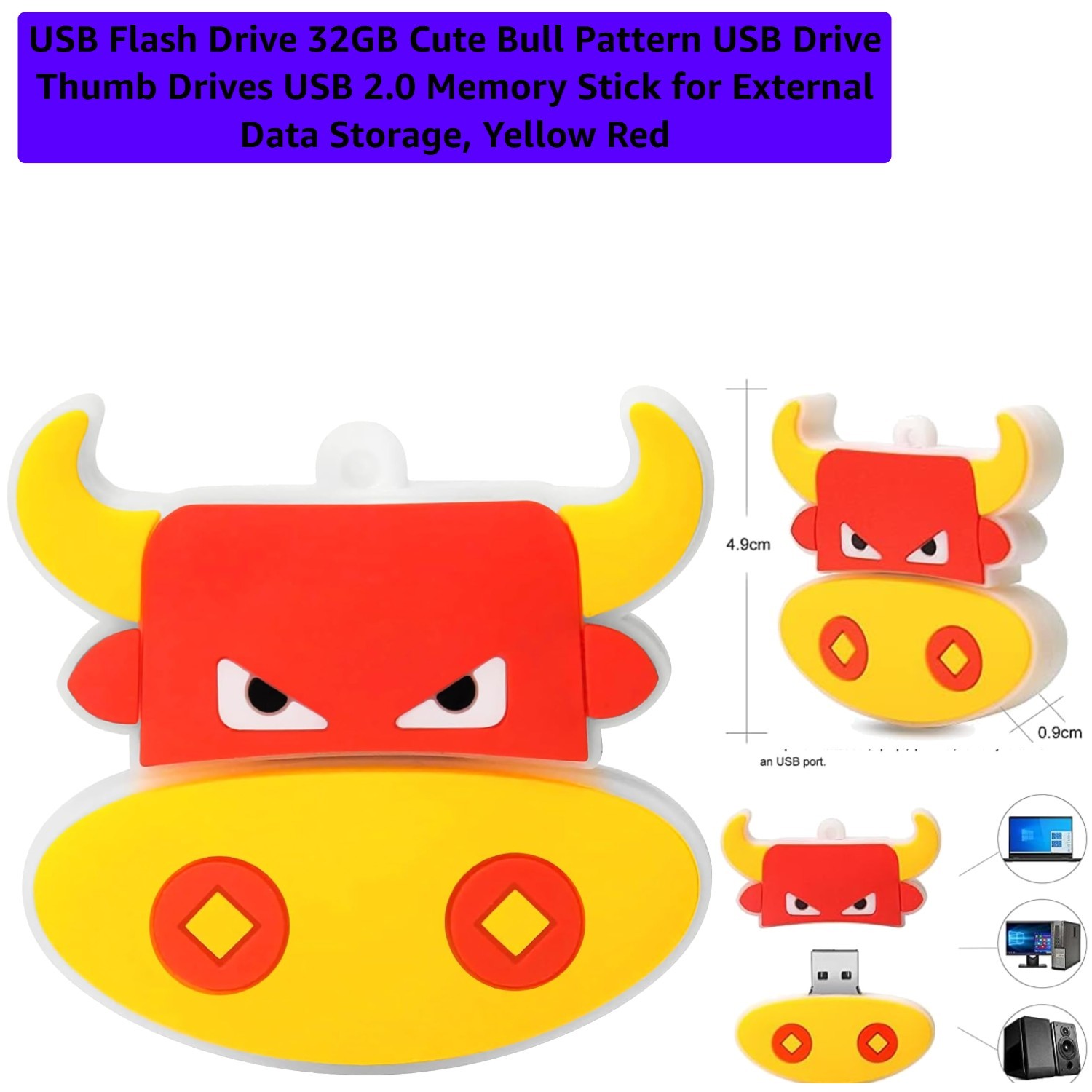 USB Flash Drive 32GB Cute Bull Pattern USB Drive Thumb Drives USB 2.0 Memory ...