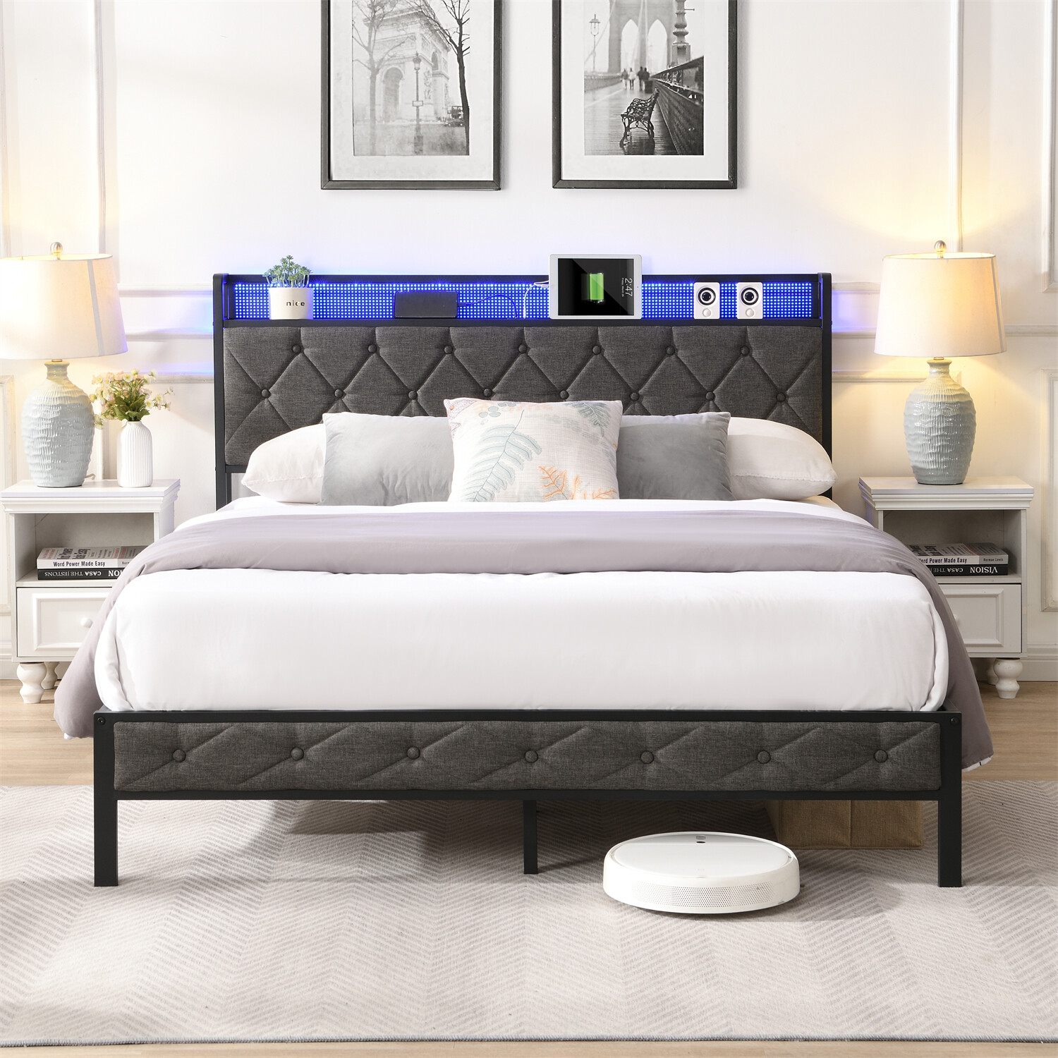 Full Size LED Bed Frame w/ Headboard & USB Port Upholstered Platform Bed Frame