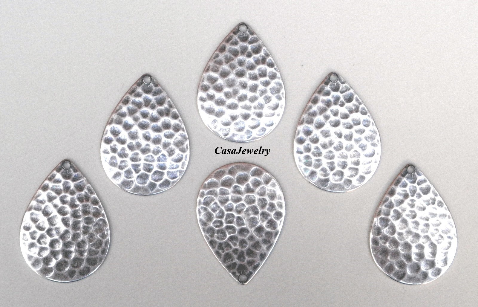 #4216 ANTIQUED .925 STERLING SILVER PLATED HAMMERED TEARDROP W/HANG HOLE - 6 Pcs