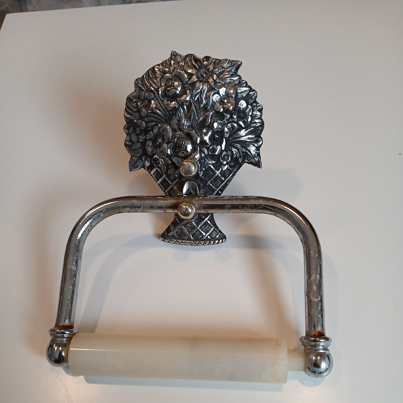 Vtg MCM 50'S Hollywood Regency Antique Chrome Flower Basket Bathroom Accessories