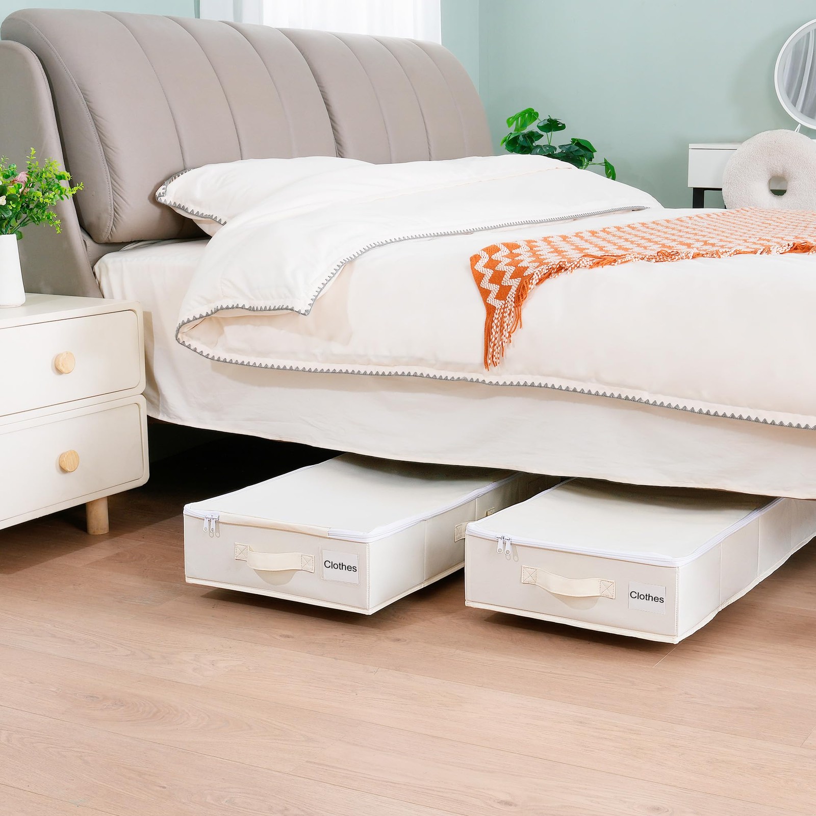 Underbed Organizer With Wheels, 2 Pack Storage Bins For Blankets, Beige