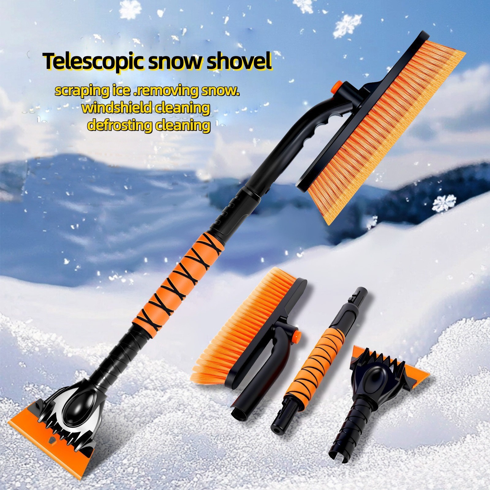 360°Rotating Extendable Snow Brush and Ice Scraper, Telescoping Ice Scraper 35.4