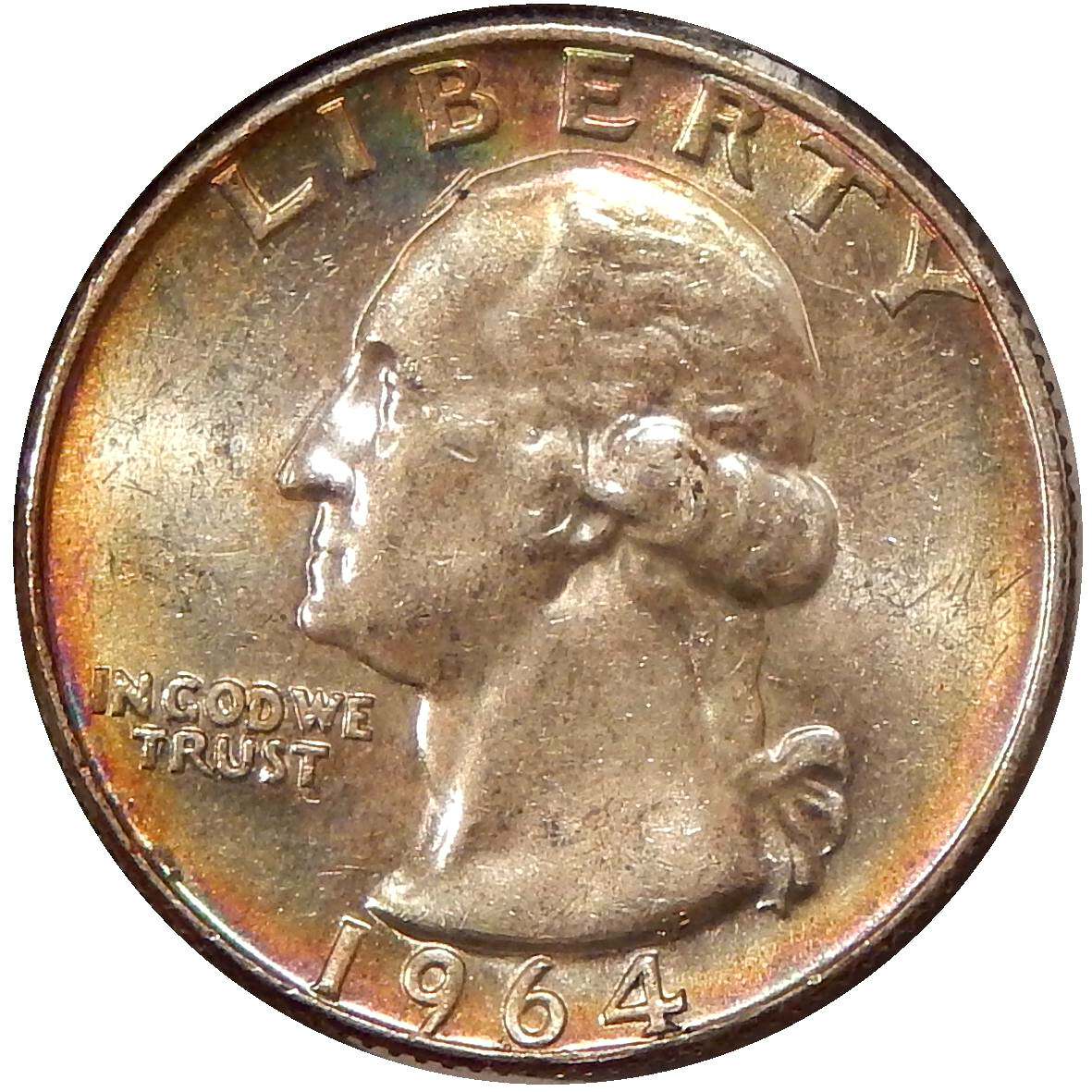 1964-D WASHINGTON QUARTER WITH VIVID RAINBOW REVERSE!
