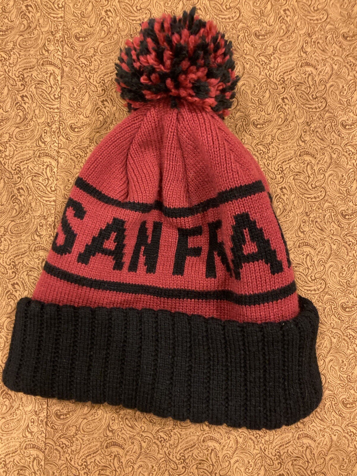 Pom Beanie Mens San Francisco Hat Maroon Chunky Adult Black Burgundy Spell Out