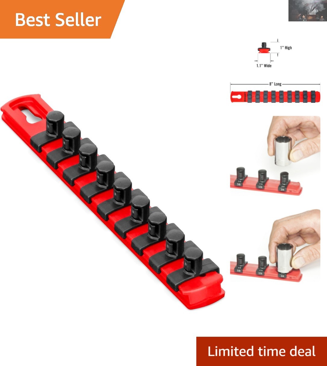 Vertical-Mount 8-Inch Socket Organizer with 9 Twist Lock Clips, Red Finish