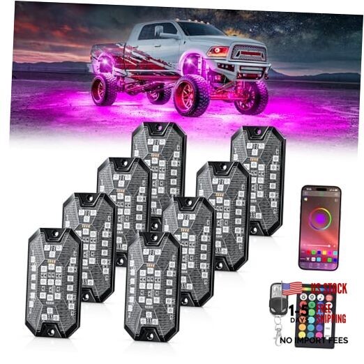 RGB Rock Lights Underglow Neon Lights Kits，APP/RF Remote Control & 8 pods 5MRGB