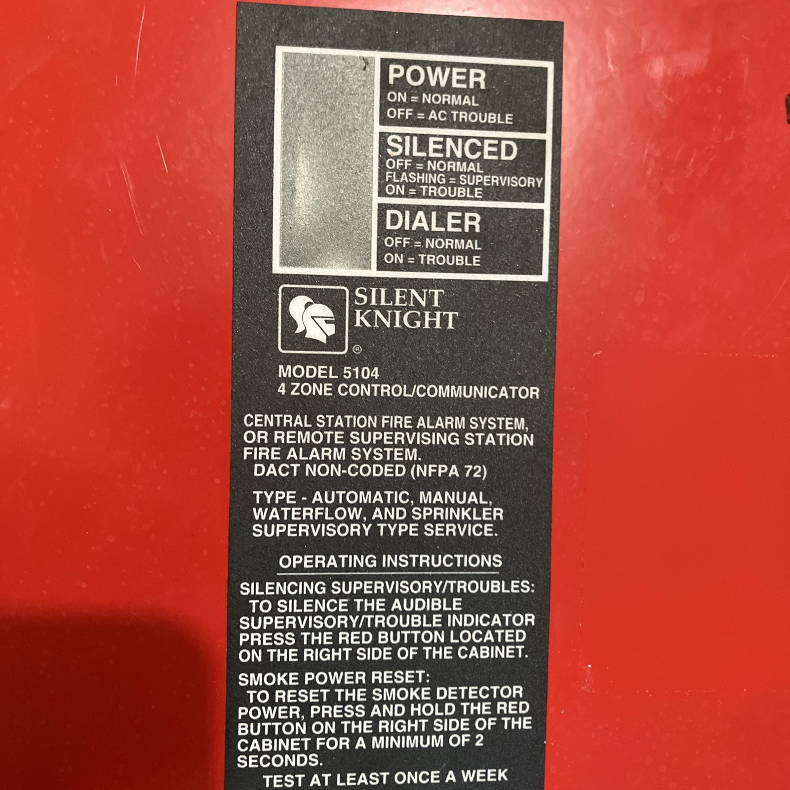 Silent Knight Model 5104 4 Zone Fire Alarm Control panel