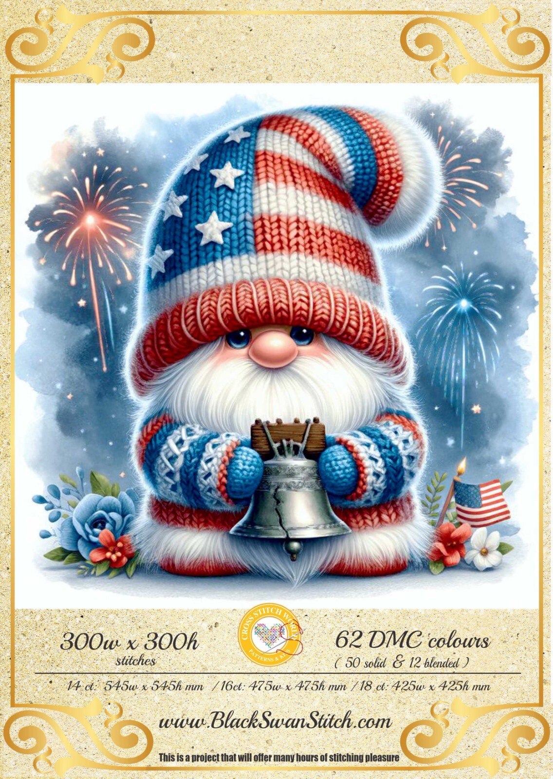 4th of July Gnome 153 Chart Counted Cross Stitch Pattern Needlework