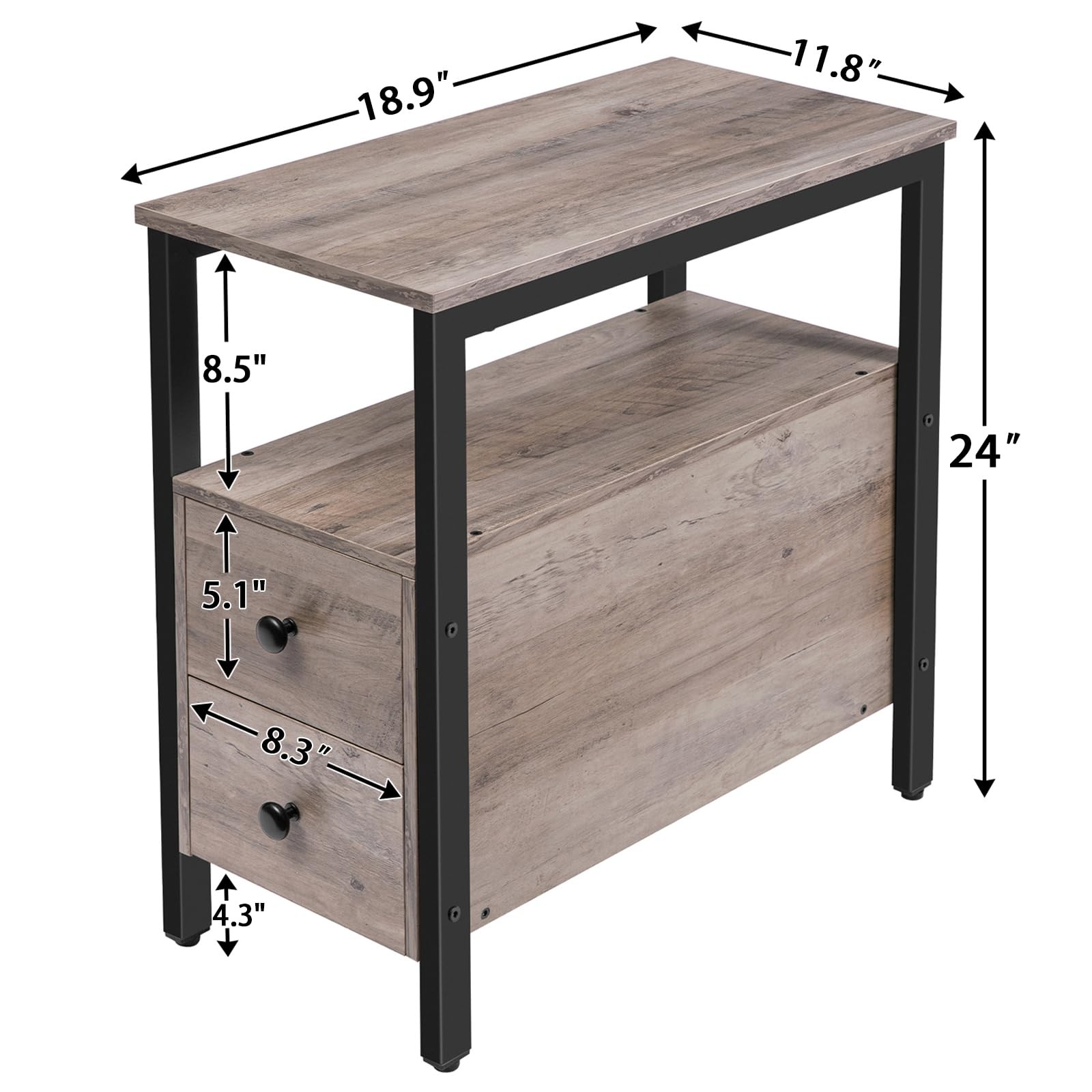 HOOBRO End Table, Narrow Chairside 18.9"D x 11.8"W x 24"H, Greige + Black