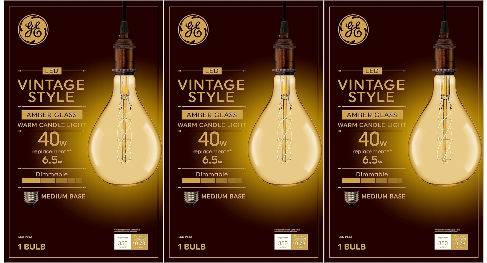 (case of 3) GE Lighting Large Vintage Warm Candle Light LED PS52, Amber Glass,