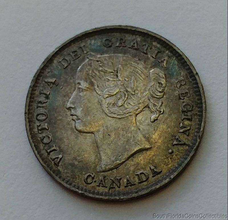 1893 Die Crack Canada 5 Five Cent .925 Silver Coin About Uncirculated