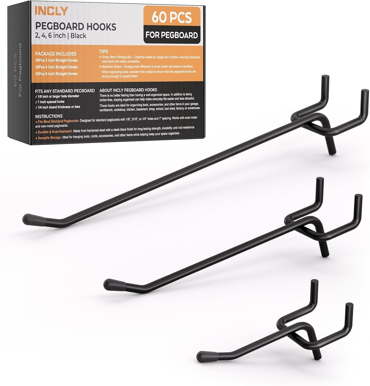 Durable Black Pegboard Hooks Set - 60 Pieces in 2/4/6 Inch for Versatile Storage