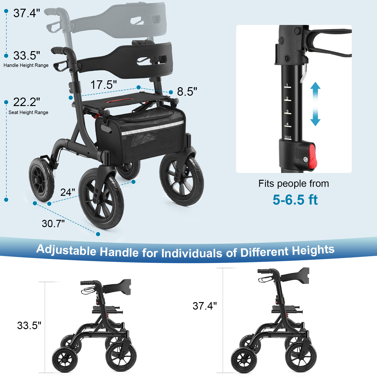All-Terrain Rollator Walker with 12" Rubber Wheels, Seat & Backrest, Adjustable