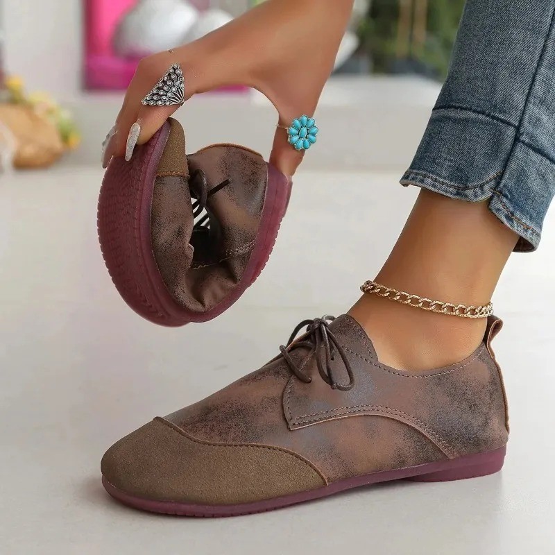 Women's Vintage Lace-Up Flat Shoes Soft Leather Casual Oxford Sneakers