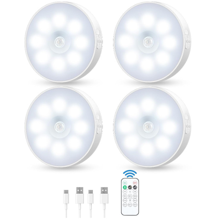 Pack 4 Luces LED Puck con Sensor Movimiento Recargables Control Remoto USB