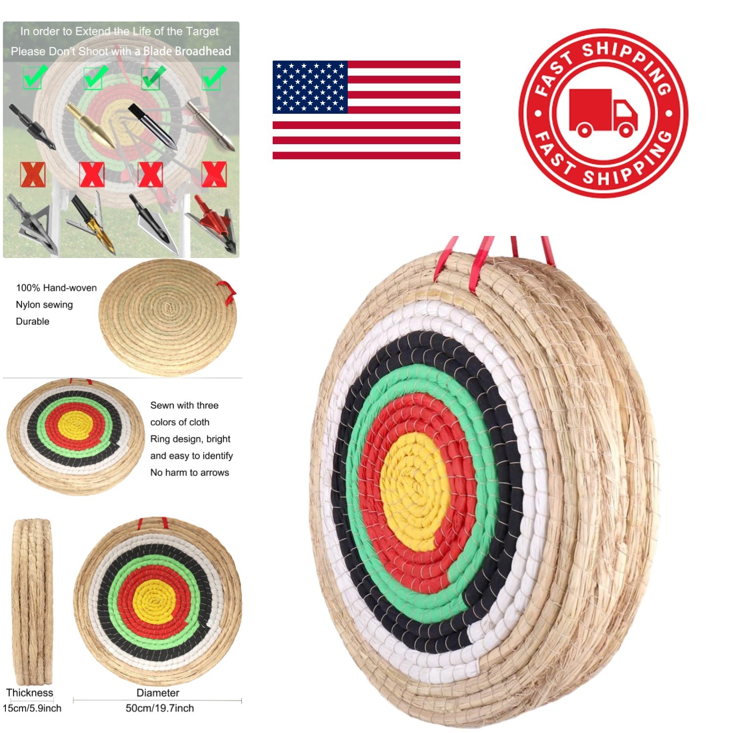 Archery Target Round Straw 19.7 Inches Handmade Green Three Layer for Practice